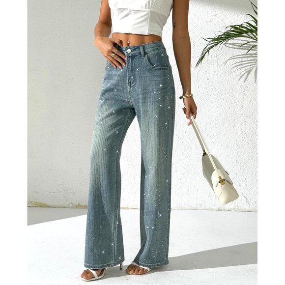 Women's Glitter Rhinestone Wide Leg Denim Pants High Waist Streetwear - Picture 2 of 5